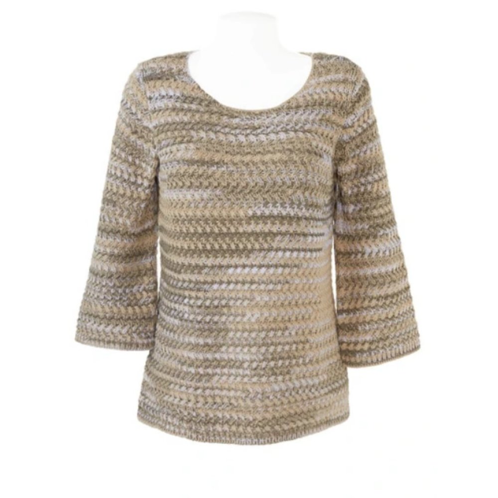 St. John Basket 3/4 Sleeve Knit Sweater W/ Side Slits in Taupe Size L NWT $495